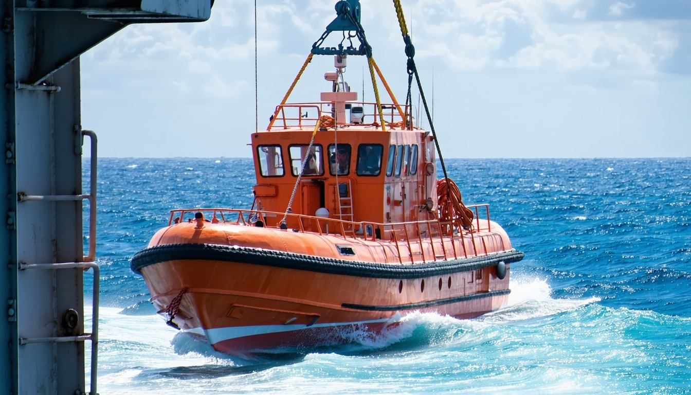 A lifeboat being lowered from a ship into the ocea