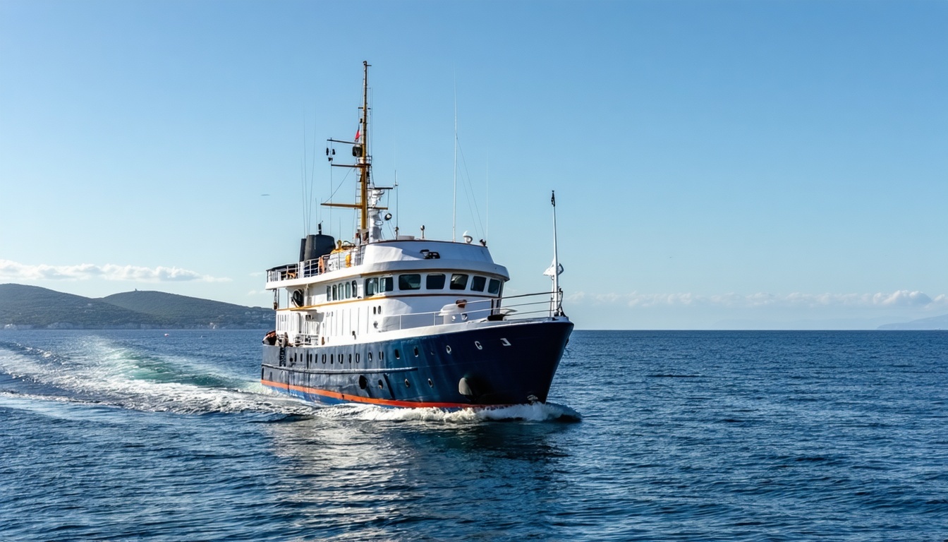 A well-equipped vessel sailing smoothly on a calm